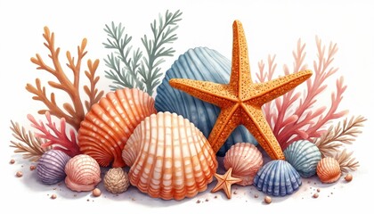 Obraz premium Watercolor illustration seashells, starfishes, coral against white background. Hand drawn aquatic life art design evokes marine vibes, perfect for summer, vacation. Decorative design element ideal