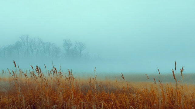 Golden autumn grasses in a tranquil misty field with dense morning fog obscuring distant trees, evoking calm, serenity, and a peaceful natural landscape atmosphere