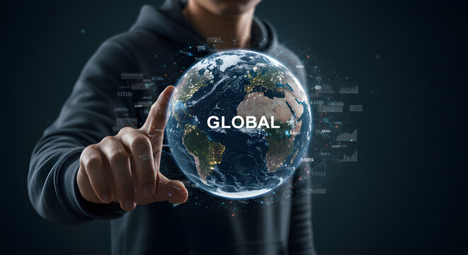 Global business world economy market internet technology globalization communication connection interaction hand touch future network information access concept earth globe
