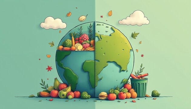 Illustration about International Day of Awareness of Food Loss and Waste. Earth divided, on one side fresh vegetables, fruits, on another side food waste in trash bin. Eco, health, nutrition concept.