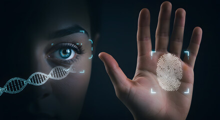 Biometric authentication, face recognition, fingerprint scan, identity verification, security system, future technology, data protection, human eye, dna analysis, cyber surveillance