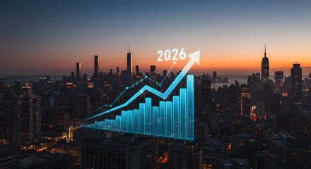 Economic growth forecast for the year 2026 shown with a progress chart and data visualization over a city skyline at night
