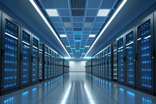 Modern data center aisle with rows of servers glowing with blue lights and illuminated by overhead lighting