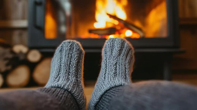 Warm feet by a cozy fireplace