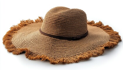 Beige straw sun hat with fringed edges