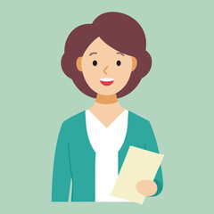 Cartoon Woman Holding Paper Illustration with Teal Cardigan and Brown Hair on a Light Green Background for Stock Illustrations