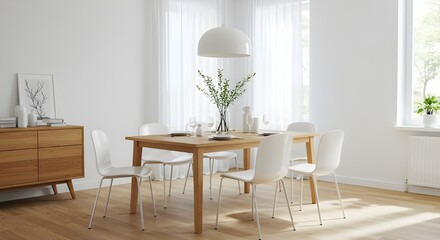 A dinning room table and chairs in front of a window isolated on white background.