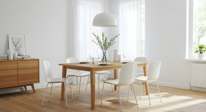 A dinning room table and chairs in front of a window isolated on white background.