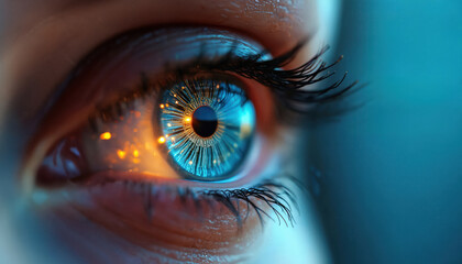 Futuristic female eye with hi-tech digital contact lens. Cybernetic implants for face recognition, biometrics, scanning iris. Future tech, computer vision, artificial intelligence. Cyberpunk concept,