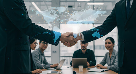 Business agreement partnership global deal handshake success contract cooperation international team collaboration finance merger meeting strategy world map