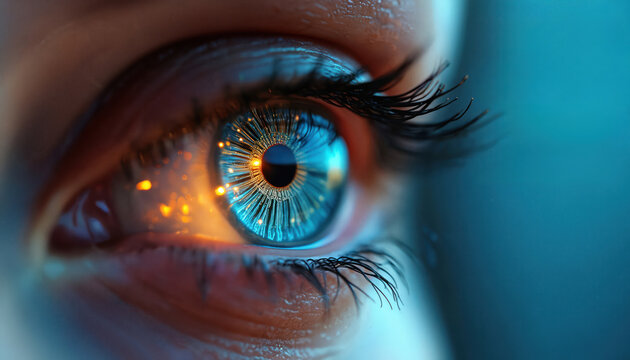 Futuristic female eye with hi-tech digital contact lens. Cybernetic implants for face recognition, biometrics, scanning iris. Future tech, computer vision, artificial intelligence. Cyberpunk concept,