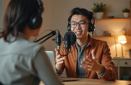 Asian man hosts podcast studio, speaking into microphone. Pro audio recording with laptop, headphones. Content creator, blogger recording voice over interview guest. Radio show, broadcast, - Powered by Adobe