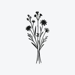 Vector sketch of a simple floral arrangement, monochrome, thin stems and small blooms, suitable for eco-friendly branding, wedding invitations, or country-themed designs  silhouette-stroke-vector