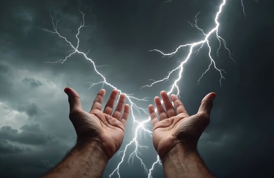 Hands reaching towards sky with lightning. Symbol of divine power. God hands, electric energy, human strength, religion, art, heaven, ancient mythology concept.