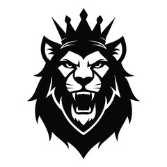 Black Lion Head with Crown Icon on White Background  