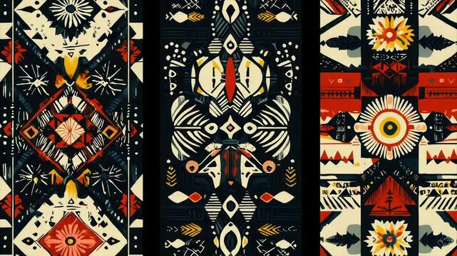 Three vibrant, symmetrical textile designs featuring geometric patterns, floral motifs, and bold color palettes
