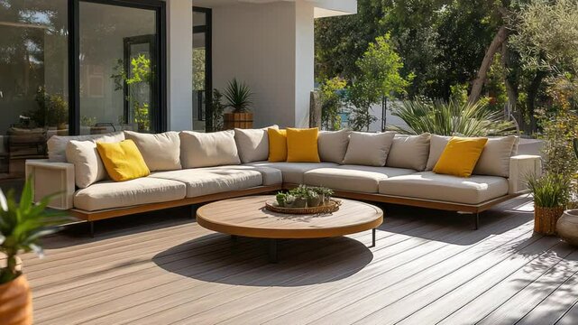 Outdoor sectional sofa and coffee table on a light brown wooden deck.  Surrounded by greenery