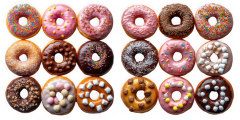 A dozen assorted donuts isolated on transparent background, showcasing a variety of toppings and colors