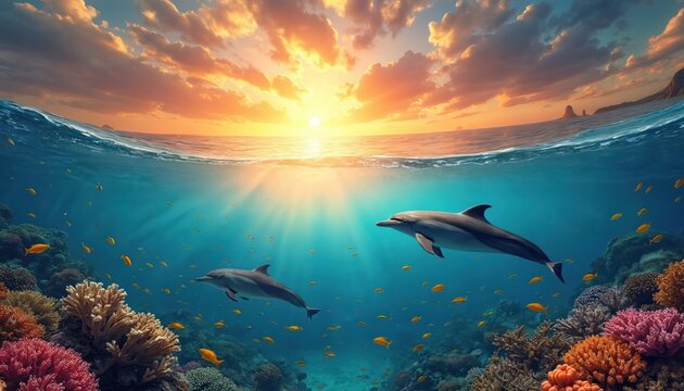 Underwater world with two dolphins swimming near coral reef. Orange fish, sunset at ocean surface. World Ocean Day concept promoting sea life conservation. Digital art poster.