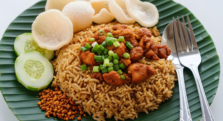 A serving of Nasi Lemak, a Malaysian dish, featuring rice, chicken, crackers, cucumbers, and green onions, presented on a banana leaf.