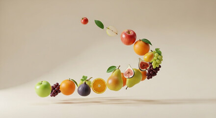 Various colorful fruits, including apples, oranges, pears, figs, and grapes, are arranged in a dynamic swirling or curved line, appearing to float against a soft beige background.