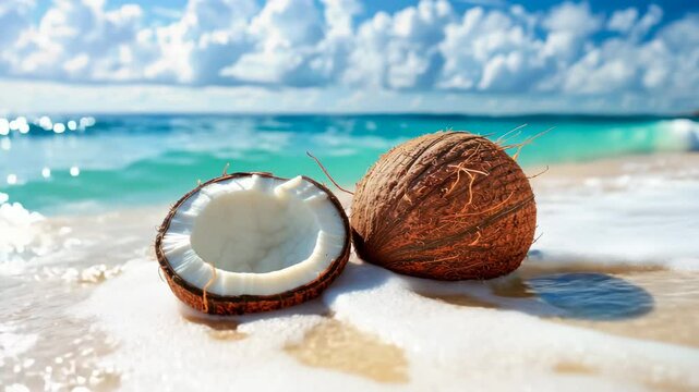 Fresh coconut on sandy beach with foamy waves and turquoise ocean under a bright sky