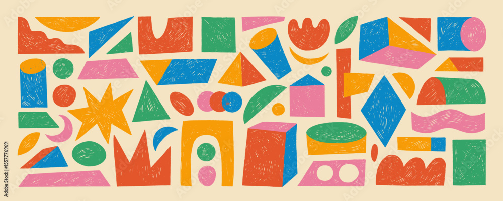 Poster retro colored crayon drawn isometric geometric shapes. playful funky childish figures with pencil te
