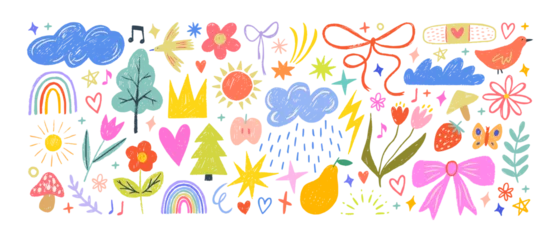 Fototapeten Crayon drawn kid doodle collection. Colorful childish elements like clouds, flowers, bows, rainbows and sun. Adorable girly doodle collection. Naive vector illustrations. Crayon drawn kid drawings. © Anastasiia Hevko