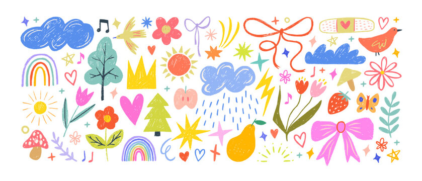 Crayon drawn kid doodle collection. Colorful childish elements like clouds, flowers, bows, rainbows and sun. Adorable girly doodle collection. Naive vector illustrations. Crayon drawn kid drawings.