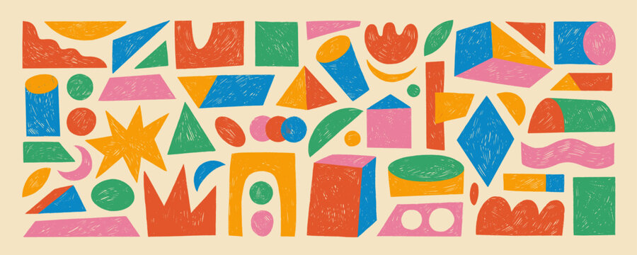 Retro colored crayon drawn isometric geometric shapes. Playful funky childish figures with pencil texture. 3d isometric geometric shapes. Set of basic figures: cube, pyramid, cylinder, star.