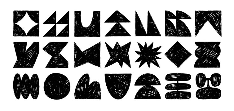 Crayon drawn brutal geometric shapes and forms. Abstract geometric graphic elements with pencil texture. Vector y2k symbols, naive charcoal figures. Trendy stickers. Swiss design aesthetic.