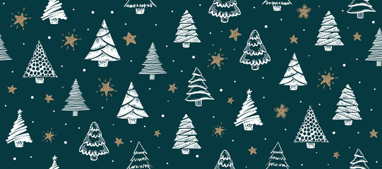 Christmas tree on blue, hand drawn illustrations