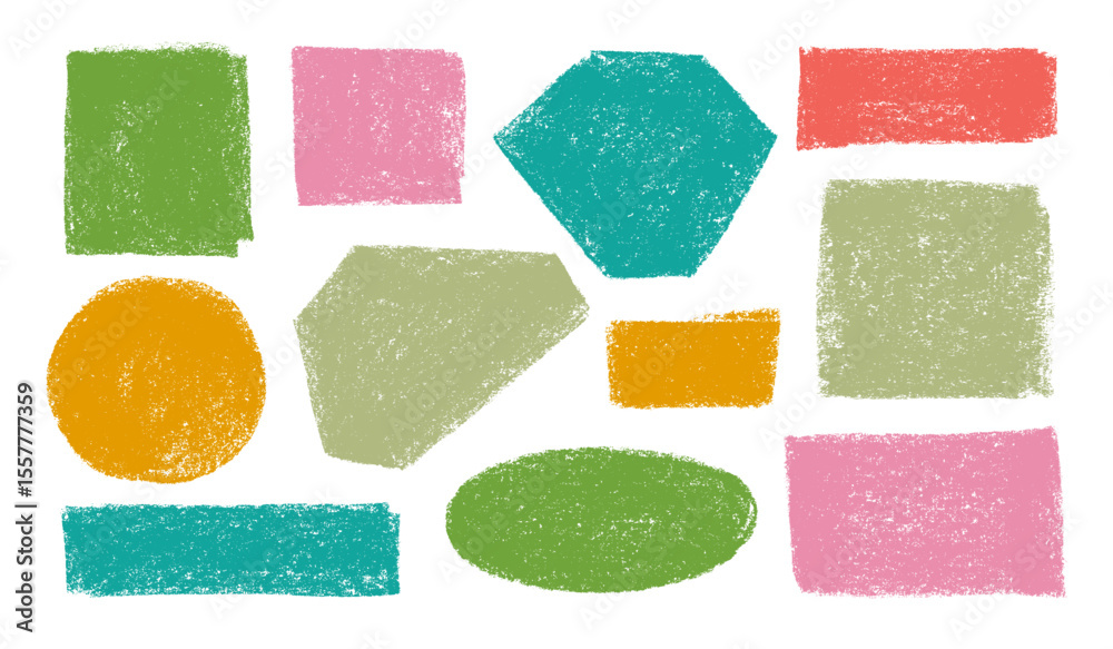 Poster Multi colored pastel drawn basic geometric shapes with soft rough texture. Funky kid geometric forms and figures. Vector basic shapes. Crayon drawn playful abstract text boxes for childish designs.