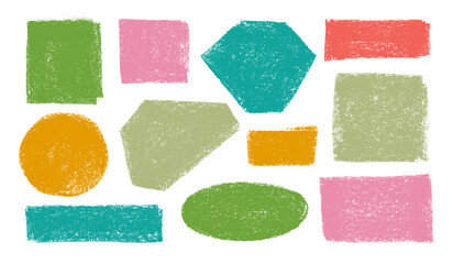 Multi colored pastel drawn basic geometric shapes with soft rough texture. Funky kid geometric forms and figures. Vector basic shapes. Crayon drawn playful abstract text boxes for childish designs.
