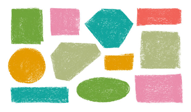 Multi colored pastel drawn basic geometric shapes with soft rough texture. Funky kid geometric forms and figures. Vector basic shapes. Crayon drawn playful abstract text boxes for childish designs.