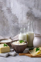 Dairy products. Milk, cottage cheese, cream, butter and yogurt