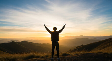 Fototapeta premium A silhouette of a person with arms raised in front of a scenic mountain landscape.