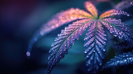 Close-up of a vibrant leaf covered in glistening dew drops.