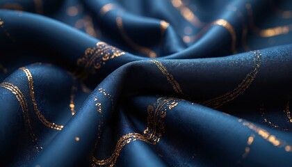 Navy blue fabric with gold thread details. Soft texture, abstract design. Elegant, ornate folds, ripples. Fashion textile, apparel background for luxurious project.