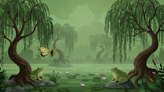 Two frogs sit by the water a butterfly flies near lily pads in a foggy swamp under weeping willow trees