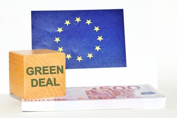 European flag with the a wooden block with the text 