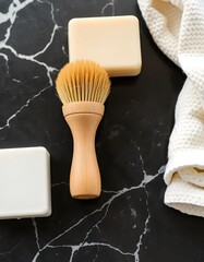 Natural bath and spa accessories with soap, brush, and towel for hygiene and relaxation