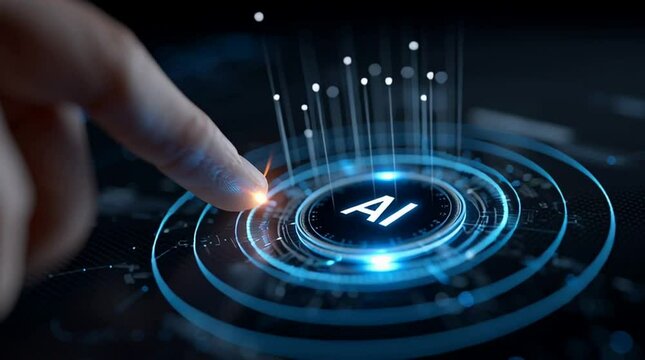 Close-up of a human finger touching a glowing AI symbol on a digital interface, short video.