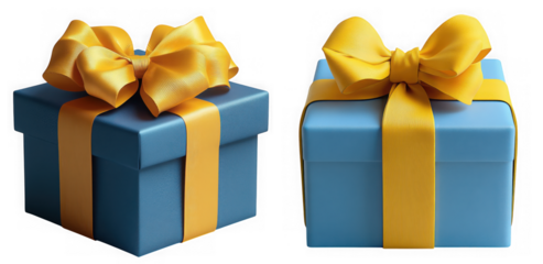 Two blue gift boxes with yellow ribbons isolated on transparent background are a set of presents