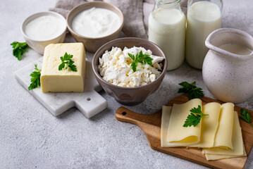 Dairy products. Milk, cottage cheese, cream, butter and yogurt
