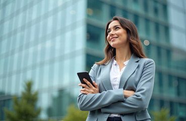 Young businesswoman holds phone, stands near modern office building, looking up with smile. Attractive female worker, elegant suit, checks mobile app during work break outdoors in city. Confident