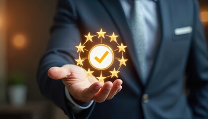 Business pro in suit holds digital badge symbolizing excellence certification. Gold stars glowing around it. Represents quality award service feedback success achievement recognition.