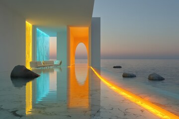 Futuristic minimalist house interior with ocean view and ambient lighting