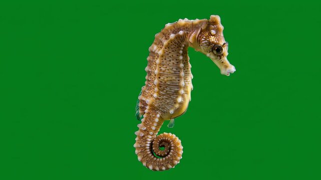A brown seahorse is positioned against a green background with a distinctive curled tail and textured body