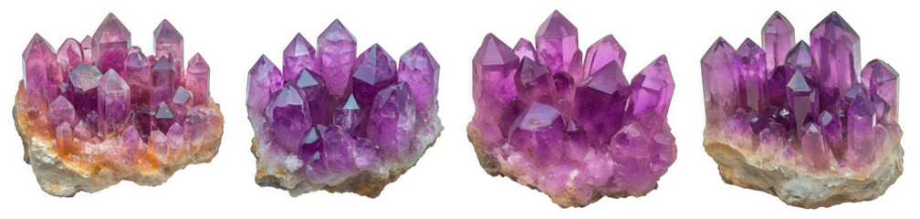 Four vibrant amethyst crystal clusters isolated on transparent background, showcasing their unique formations and deep purple hues